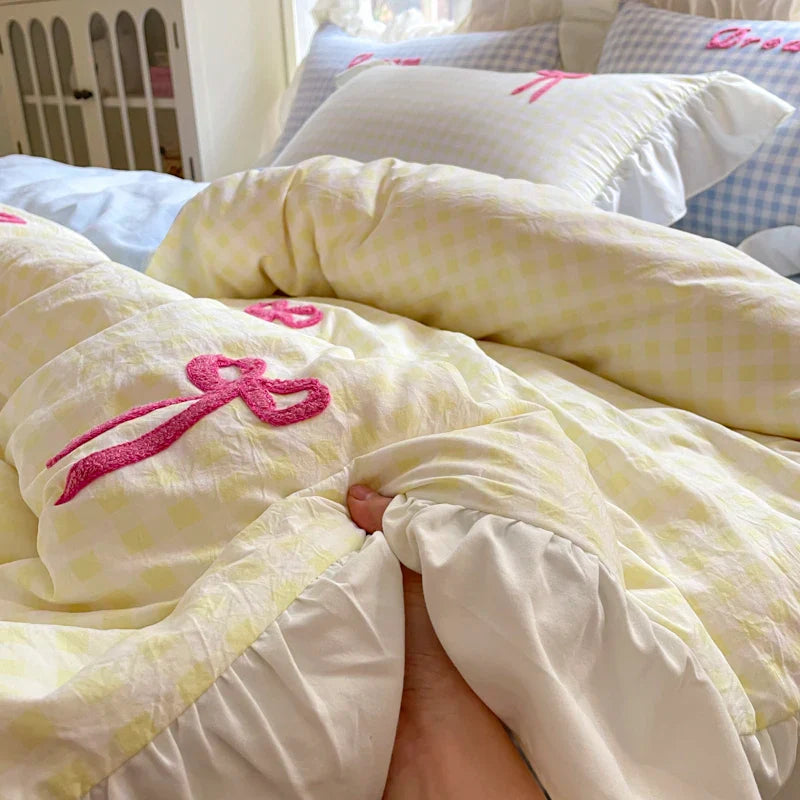 Rynx | Prinzessinnen Bettwäsche Set Spitze Schleife Rosa Karomuster 4-teilig Bettdecke Bezug Blatt und Kissenbezug Soft Romantisch Für Mädchen