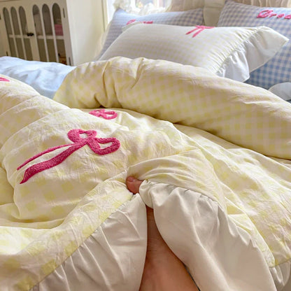 Rynx | Prinzessinnen Bettwäsche Set Spitze Schleife Rosa Karomuster 4-teilig Bettdecke Bezug Blatt und Kissenbezug Soft Romantisch Für Mädchen