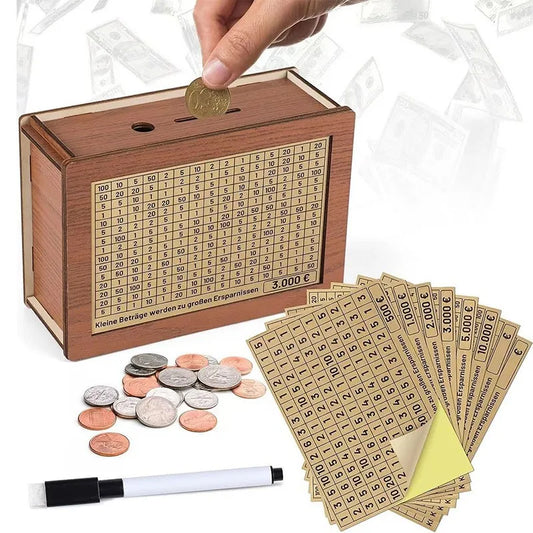 Rynx | Euro Money Box Wooden Piggy Bank - Available in 1000/2000/3000/5000/10000, Reusable with Saving Goal and Number Boxes