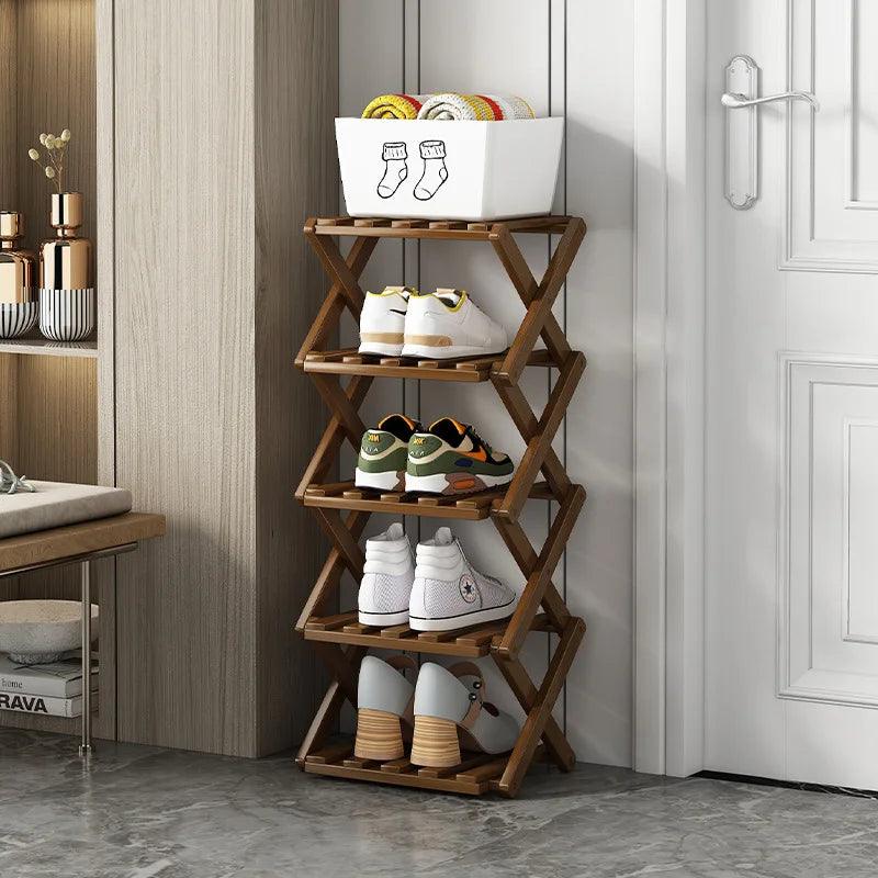 Rynx | Elegant expandable shoe rack made of bamboo with customizable shelf options