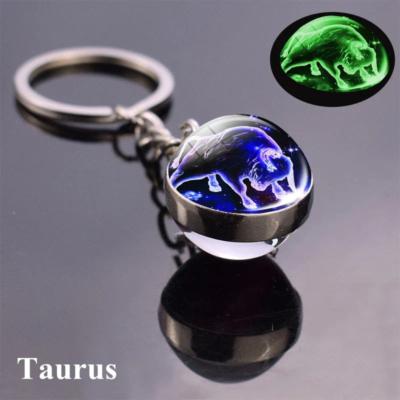 Rynx | New Luminous 12 Constellation Glass Ball Key Rings: Double Sided Zodiac Signs Keychain for Women - Glow in the Dark Birthday Gift
