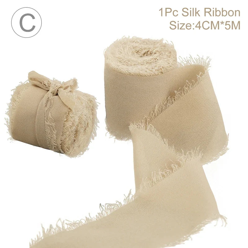 Rynx | 5M Handmade Frayed Edged Satin Chiffon Silk Ribbon - For Wedding Invitations, Bouquets, Birthday Party Decorations, and Gifts