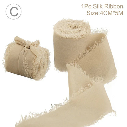 Rynx | 5M Handmade Frayed Edged Satin Chiffon Silk Ribbon - For Wedding Invitations, Bouquets, Birthday Party Decorations, and Gifts