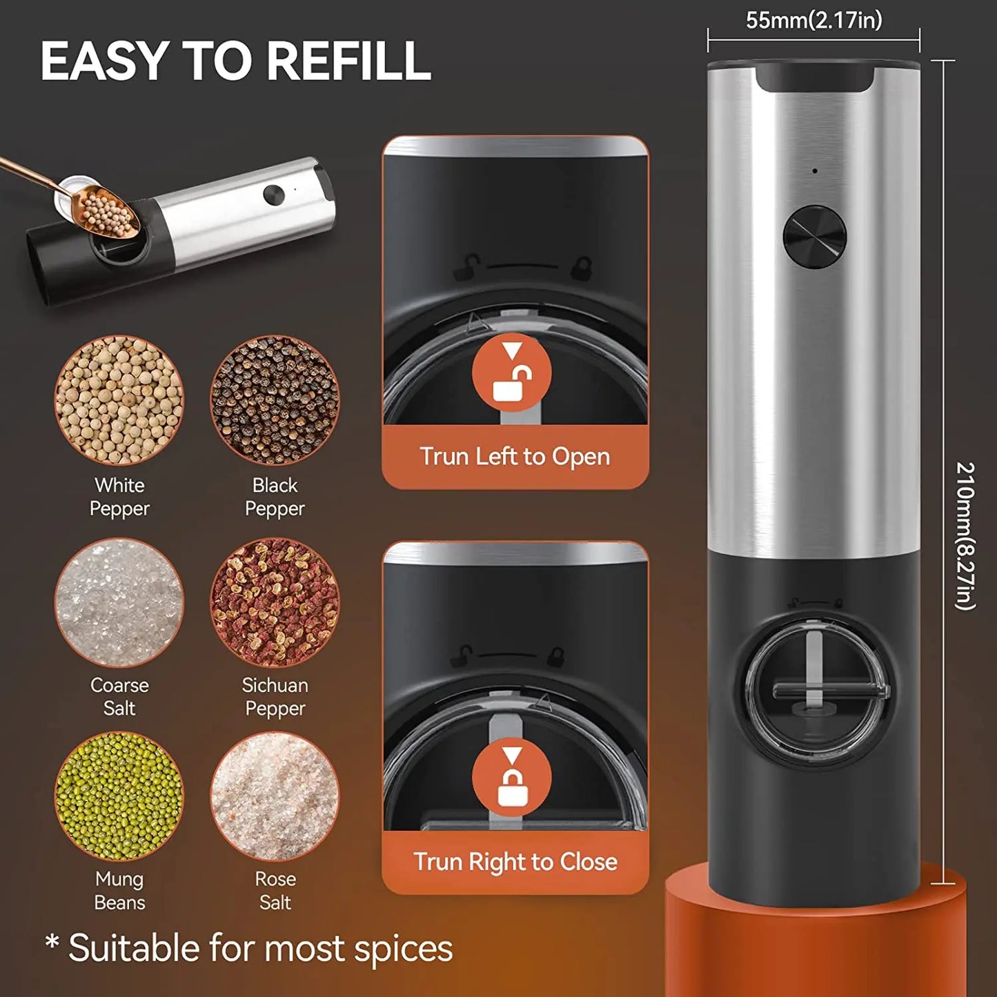Rynx | USB Rechargeable Electric Salt and Pepper Grinder: Adjustable Coarseness, Refillable Mill - Battery Powered Kitchen Gadget