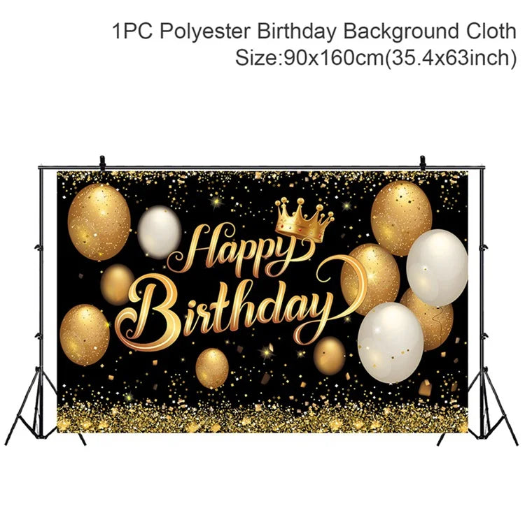 Rynx | Gold Glitter Happy Birthday Party Backdrop - Black Adult Theme Photo Decoration, DIY Backdrops for Party Supplies