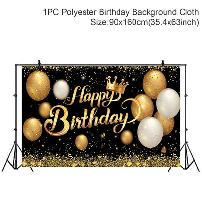 Rynx | Gold Glitter Happy Birthday Party Backdrop - Black Adult Theme Photo Decoration, DIY Backdrops for Party Supplies