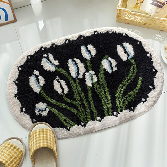 Rynx | Oval Tufting Tulip Bathroom Mat Soft Black White Bathroom Door Mat Plush Rug Bedroom Area Rug Floor Safety Mat Living Room Decor