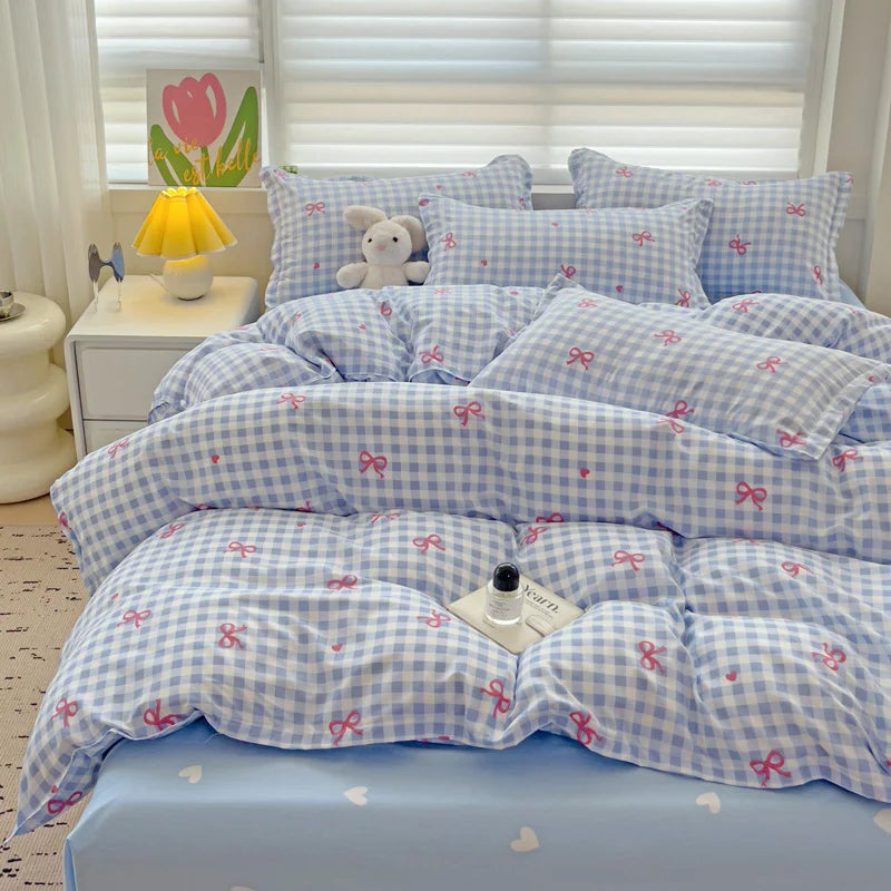 Rynx | In the Bow Duvet Cover Set without Filling Flat Linen Pillowcases Korean Style Twin Double Full Size Soft Girl Princess Bedding