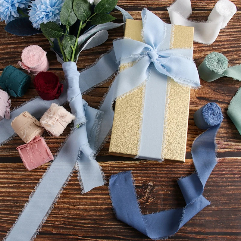 Rynx | 5M Handmade Frayed Edged Satin Chiffon Silk Ribbon - For Wedding Invitations, Bouquets, Birthday Party Decorations, and Gifts