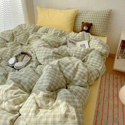 Rynx | Korean bedding set INS girl striped soft washed cotton sheet set queen king size duvet set pillowcases bedding