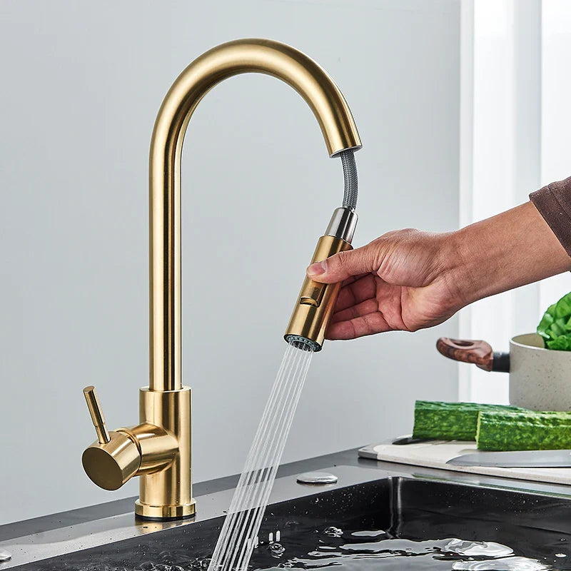 Rynx | Quyanre Brushed Gold Kitchen Faucet - Pull Out Sink Water Tap, Single Handle Mixer Tap with 360 Rotation, Kitchen Shower Faucet