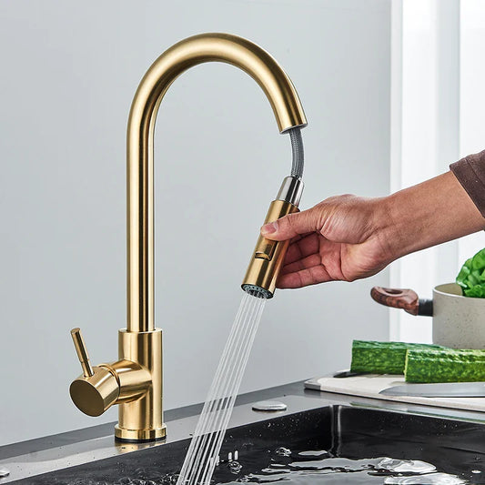 Rynx | Quyanre Brushed Gold Kitchen Faucet - Pull Out Sink Water Tap, Single Handle Mixer Tap with 360 Rotation, Kitchen Shower Faucet