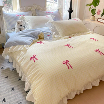Rynx | Prinzessinnen Bettwäsche Set Spitze Schleife Rosa Karomuster 4-teilig Bettdecke Bezug Blatt und Kissenbezug Soft Romantisch Für Mädchen