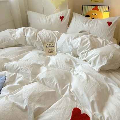 Rynx | Cute pink heart bedding set in Nordic embroidery bed sheet set of four pieces for home luxury duvet cover set for girls