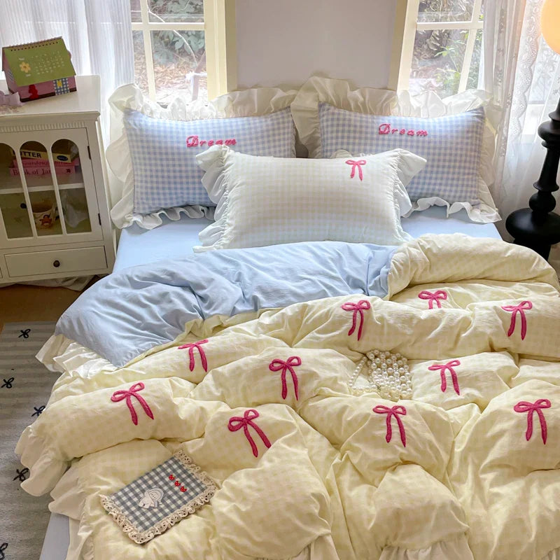 Rynx | Prinzessinnen Bettwäsche Set Spitze Schleife Rosa Karomuster 4-teilig Bettdecke Bezug Blatt und Kissenbezug Soft Romantisch Für Mädchen