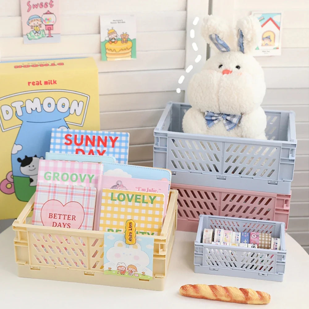 Rynx | In-Desk Storage Baskets Foldable Makeup Stationery Storage Organizer Rack Cute Desk Foldable Mini Plastic Collapsible Basket