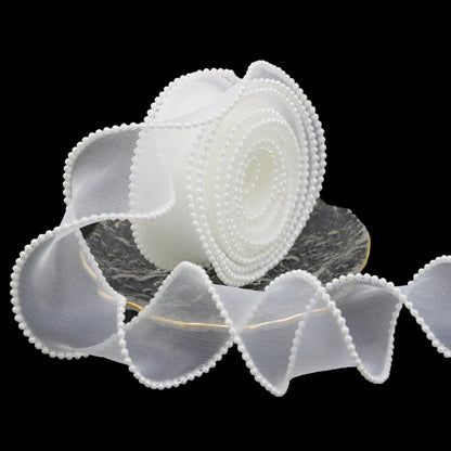 Rynx | (5 Yards/Roll) 4 cm Pearl Edge Organza Ribbon Wave Silk Lace Children Hair Accessories Lolita Handmade Decorative Gift Box Wedding