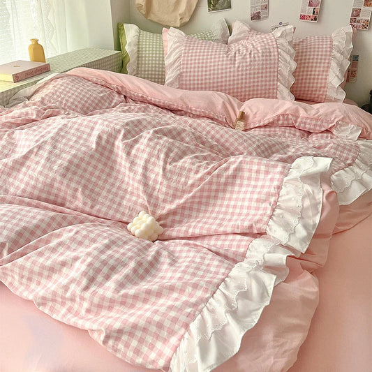 Rynx | Korean Princess Style Grid Double Layer Lace Bedding Set Soft Duvet Cover Check Pattern Bed Covers Set Bed Sheets Pillow Covers