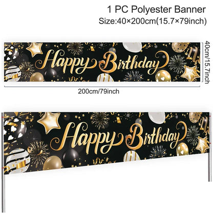 Rynx | Gold Glitter Happy Birthday Party Backdrop - Black Adult Theme Photo Decoration, DIY Backdrops for Party Supplies