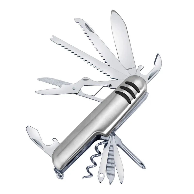 Rynx | Portable 11 in 1 Multifunction Pocket Knife - Stainless Steel Outdoor Emergency Tool with Bottle Opener and Cork Drill