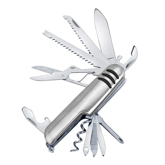 Rynx | Portable 11 in 1 Multifunction Pocket Knife - Stainless Steel Outdoor Emergency Tool with Bottle Opener and Cork Drill