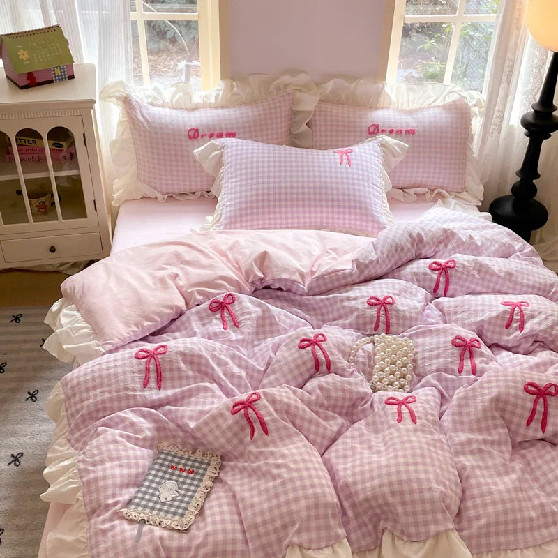 Rynx | Prinzessinnen Bettwäsche Set Spitze Schleife Rosa Karomuster 4-teilig Bettdecke Bezug Blatt und Kissenbezug Soft Romantisch Für Mädchen