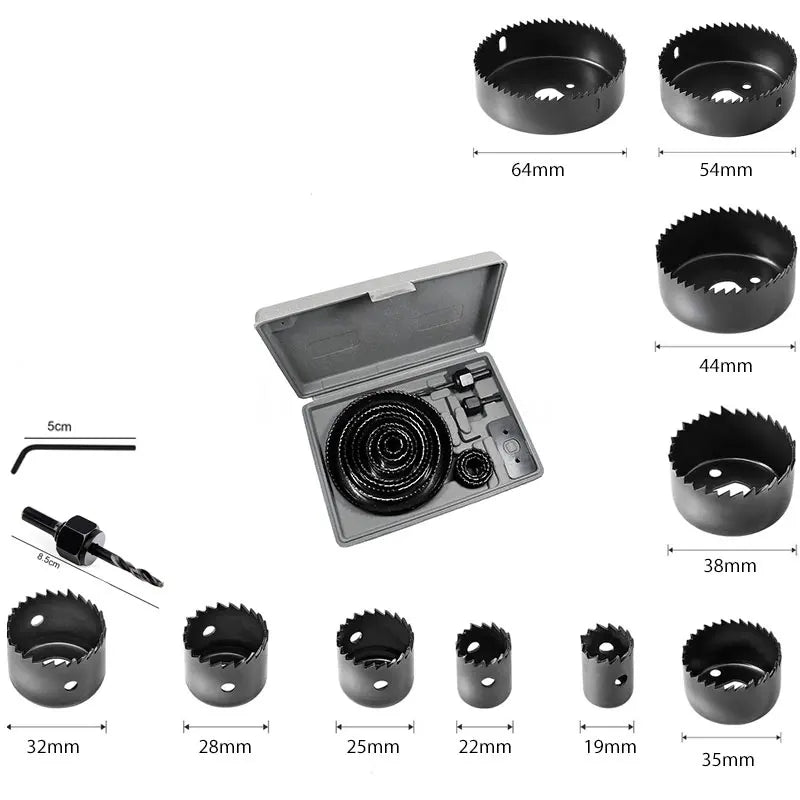 Rynx | Hole Saw Kit: 2/3/6/8/13/16PCS Set with Mandrels, Hex Key & Storage Box - Ideal for Soft Wood & PVC Board
