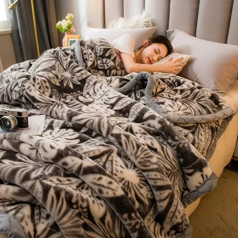 Rynx double-sided printed autumn winter blankets for the bed soft warm encrypted flocking crinkle blanket skin-friendly weighted blanket