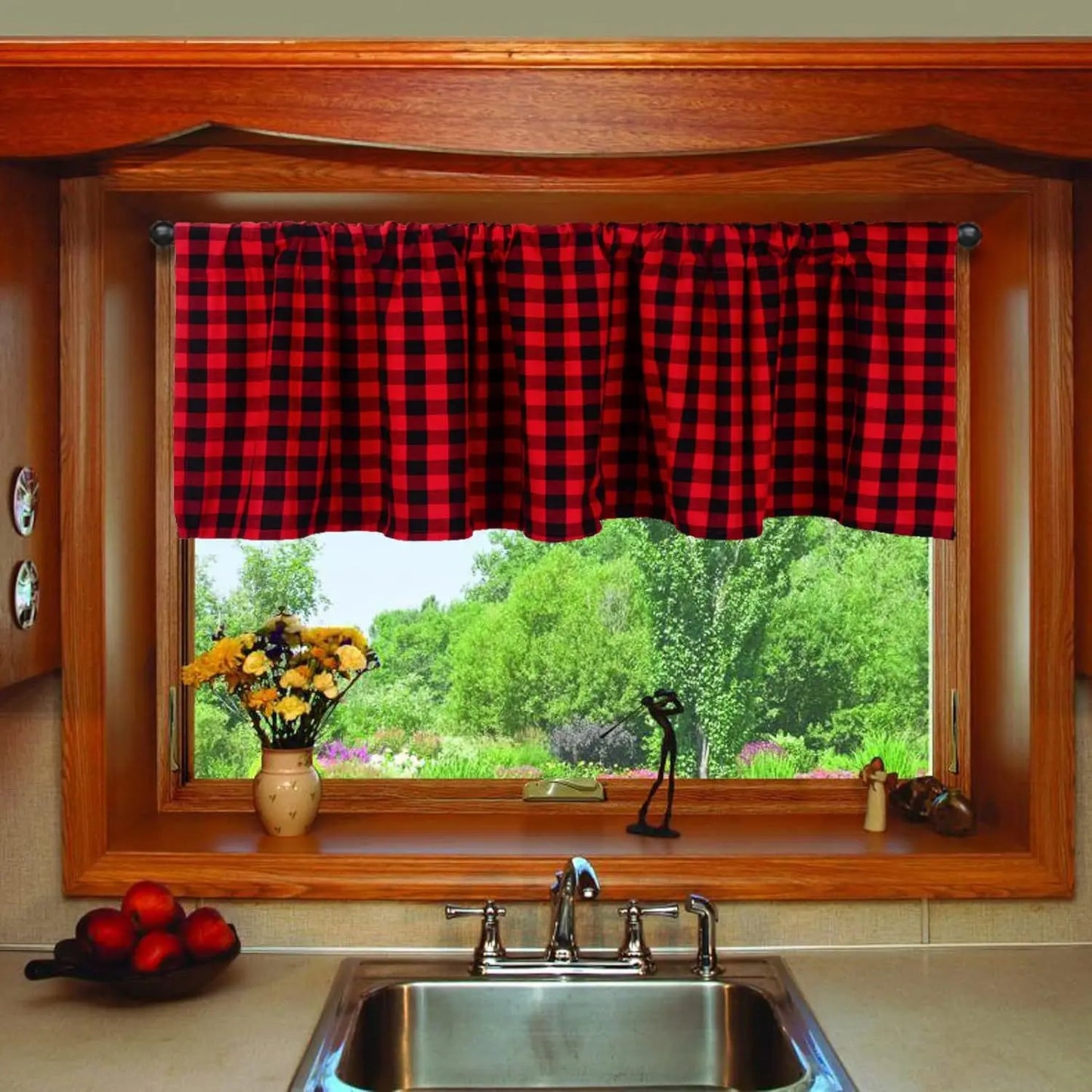 Rynx | Checked Plaid Window Valances Red and Black Farmhouse Design Window Treatment Decor Curtains Rod Pocket Valances for Kitchen