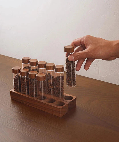 Rynx | Stylish Walnut Base Coffee Bean Display Organizer with Elegant Glass Tubes