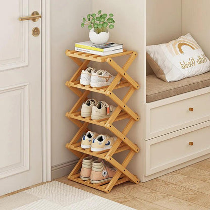 Rynx | Elegant expandable shoe rack made of bamboo with customizable shelf options