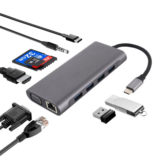Rynx | 11 in 1 VGA + LAN Port + 4 x USB 3.0 + SD / TF Card + HDMI + Audio Port + USB-C / Type-C Female to USB-C / Type-C HUB Adapter (Dark Gray)