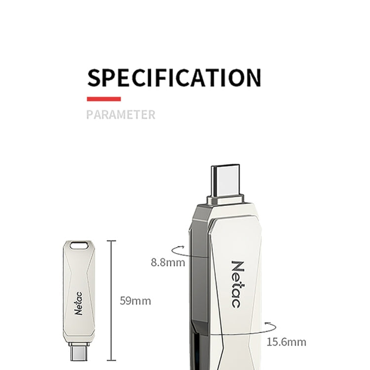 Rynx | Netac U782C 128GB USB-C / Type-C + USB 3.0 360 Degree Rotation Zinc Alloy Flash Drive OTG U-Disk