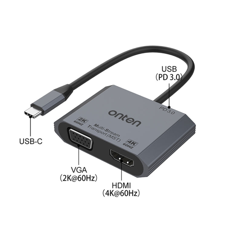 Rynx | Onten M205 3 in 1 Type-C to HDMI+VGA+PD Fast Charge Video Converter (Gray)