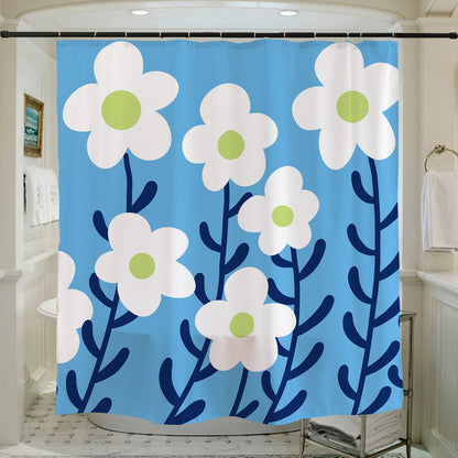 Rynx | White Flower and Blue Shower Curtain with Hooks, Floral Bathroom Curtains with Rings, Unique Bathroom Decoration, Boho Shower Curtain, Customizable Bathroom Curtains, Extra Long Shower Curtain