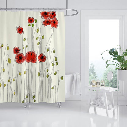 Rynx | Red Poppy Shower Curtain with Hooks, Art Bathroom Curtains with Rings, Unique Bathroom Decoration, Boho Shower Curtain, Customizable Bathroom Curtains, Extra Long Shower Curtain