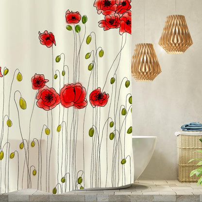 Rynx | Red Poppy Shower Curtain with Hooks, Art Bathroom Curtains with Rings, Unique Bathroom Decoration, Boho Shower Curtain, Customizable Bathroom Curtains, Extra Long Shower Curtain
