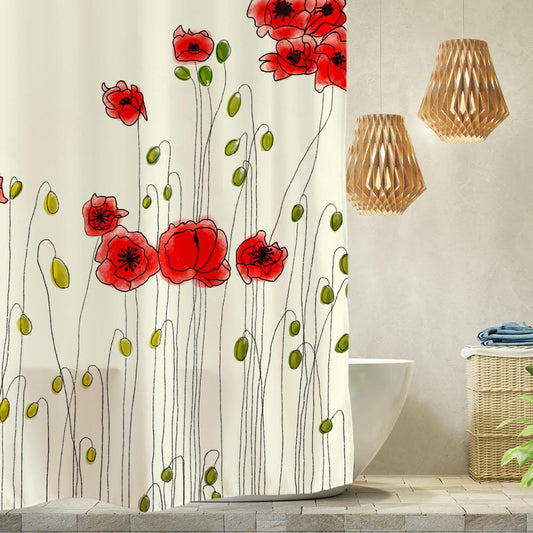 Rynx | Red Poppy Shower Curtain with Hooks, Art Bathroom Curtains with Rings, Unique Bathroom Decoration, Boho Shower Curtain, Customizable Bathroom Curtains, Extra Long Shower Curtain
