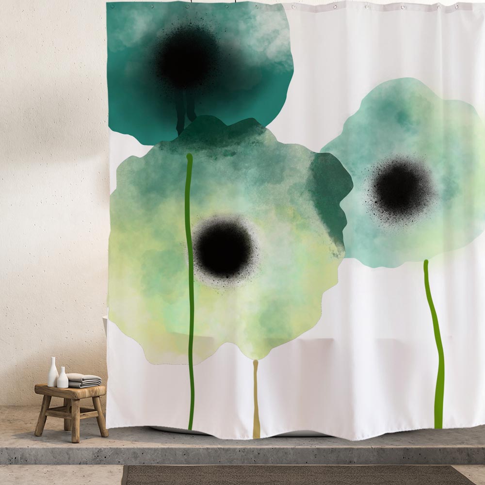 Rynx | Abstract Art Green Three Flowers Shower Curtain with Hooks, Art Shower Curtains with Rings, Unique Bathroom Decoration, Boho Shower Curtain, Customizable Shower Curtains, Extra Long Shower Curtain