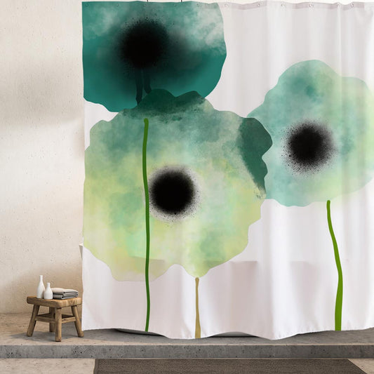 Rynx | Abstract Art Green Three Flowers Shower Curtain with Hooks, Art Shower Curtains with Rings, Unique Bathroom Decoration, Boho Shower Curtain, Customizable Shower Curtains, Extra Long Shower Curtain