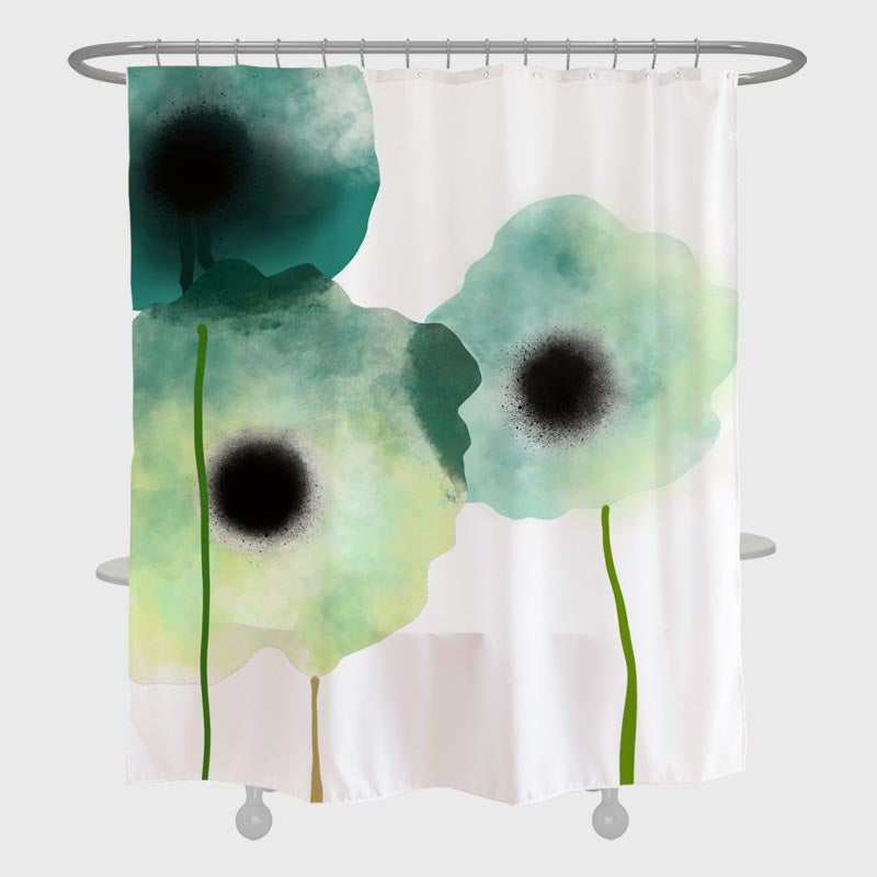 Rynx | Abstract Art Green Three Flowers Shower Curtain with Hooks, Art Shower Curtains with Rings, Unique Bathroom Decoration, Boho Shower Curtain, Customizable Shower Curtains, Extra Long Shower Curtain