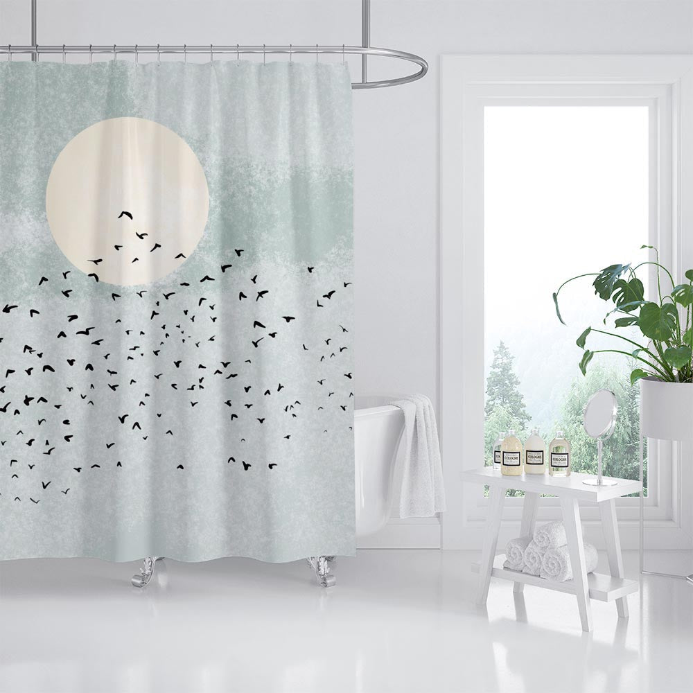 Rynx | Birds and Moon Shower Curtain with Hooks, Bathroom Curtains with Ring, Unique Bathroom Decoration, Boho Shower Curtain, Custom Designed Bathroom Curtains, Extra Long Shower Curtain