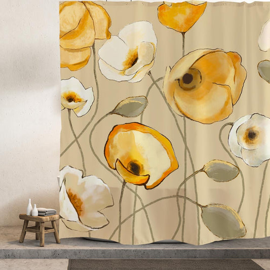 Rynx | Art Yellow and White Flowers Shower Curtain with Hooks, Art Bathroom Curtains with Ring, Unique Bathroom Decor, Boho Shower Curtain, Customizable Bathroom Curtains, Extra Long Shower Curtain