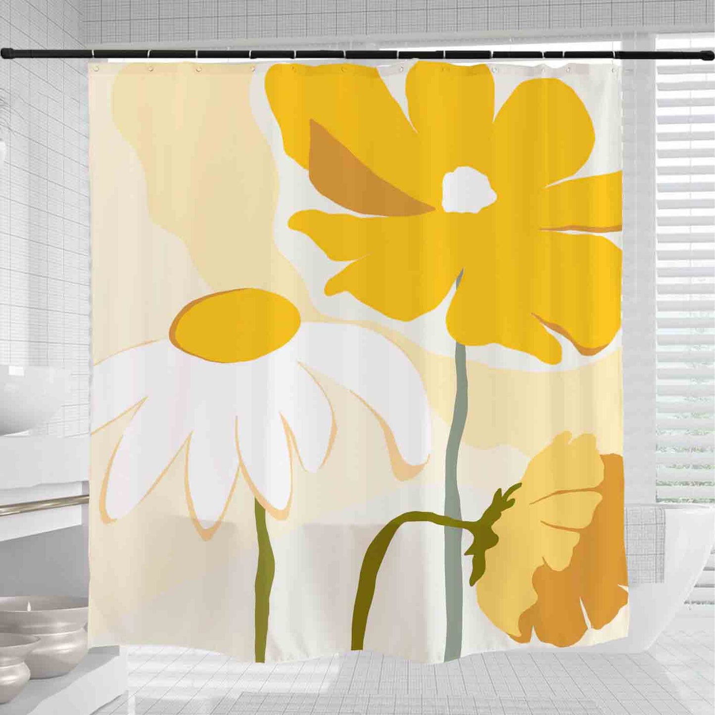 Rynx | Abstract Art Yellow and White Flowers Shower Curtain with Hooks, Art Bathroom Curtains with Ring, Unique Bathroom Decoration, Boho Shower Curtain, Personalized Bathroom Curtains, Extra Long Shower Curtain