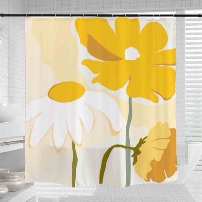 Rynx | Abstract Art Yellow and White Flowers Shower Curtain with Hooks, Art Bathroom Curtains with Ring, Unique Bathroom Decoration, Boho Shower Curtain, Personalized Bathroom Curtains, Extra Long Shower Curtain