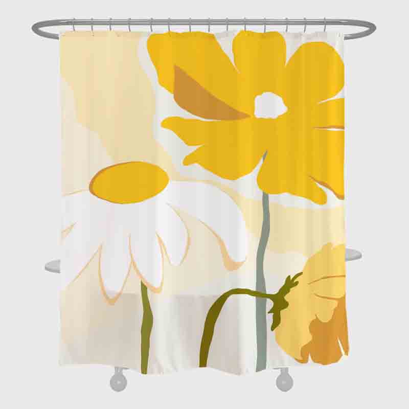 Rynx | Abstract Art Yellow and White Flowers Shower Curtain with Hooks, Art Bathroom Curtains with Ring, Unique Bathroom Decoration, Boho Shower Curtain, Personalized Bathroom Curtains, Extra Long Shower Curtain