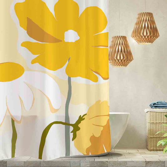 Rynx | Abstract Art Yellow and White Flowers Shower Curtain with Hooks, Art Bathroom Curtains with Ring, Unique Bathroom Decoration, Boho Shower Curtain, Personalized Bathroom Curtains, Extra Long Shower Curtain