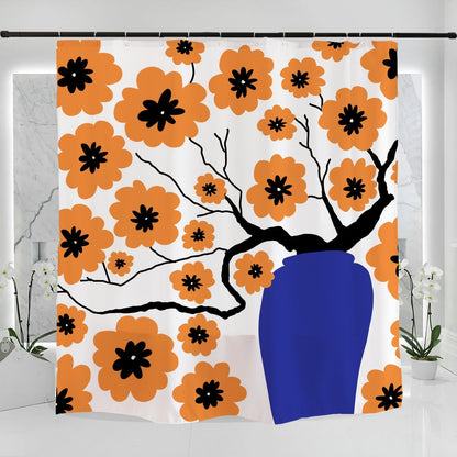 Rynx | Plum Blossom and Vase Shower Curtain with Hooks, Floral Bathroom Curtains with Rings, Unique Bathroom Decoration, Boho Shower Curtain, Custom Designed Bathroom Curtains, Extra Long Shower Curtain