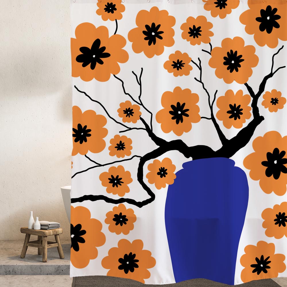 Rynx | Plum Blossom and Vase Shower Curtain with Hooks, Floral Bathroom Curtains with Rings, Unique Bathroom Decoration, Boho Shower Curtain, Custom Designed Bathroom Curtains, Extra Long Shower Curtain
