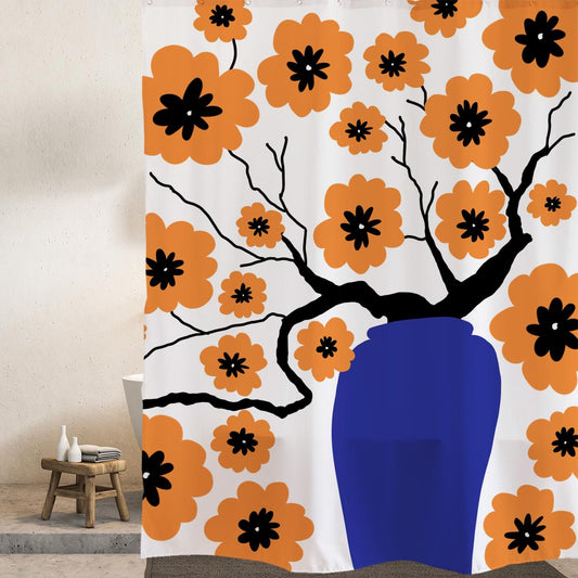Rynx | Plum Blossom and Vase Shower Curtain with Hooks, Floral Bathroom Curtains with Rings, Unique Bathroom Decoration, Boho Shower Curtain, Custom Designed Bathroom Curtains, Extra Long Shower Curtain